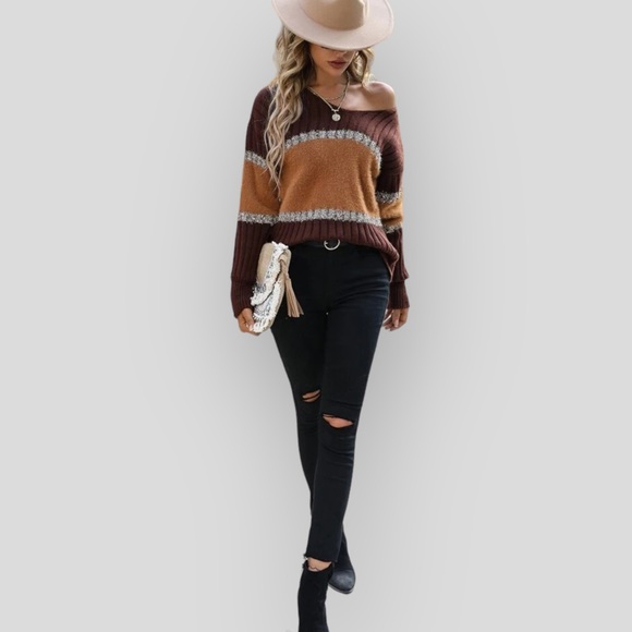 Brown, Orange & Tinsel Colorblock V-Neck Long Sleeve Knit Sweater - Picture 10 of 14